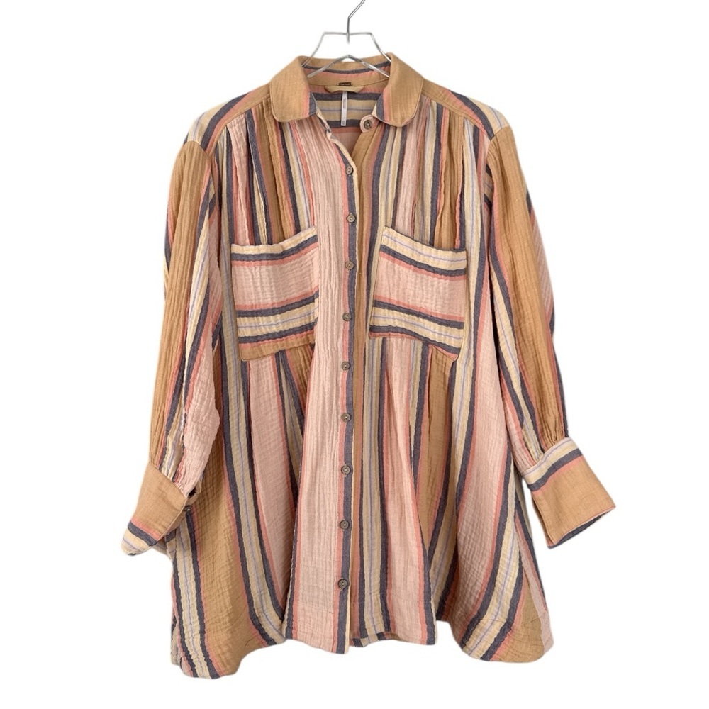 Free People 100% Cotton Oversized Button Down Striped Shirt Dress Size XS